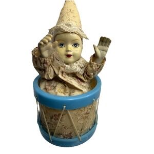 Vintage Musical Clown Doll In Drum Wind‎ Up Music Box  Figure Tips Forward